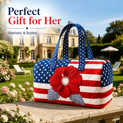 🇺🇸🧵 Handcrafted Patriotic Quilted Tote Bag – 3D Floral American Flag Travel Duffel