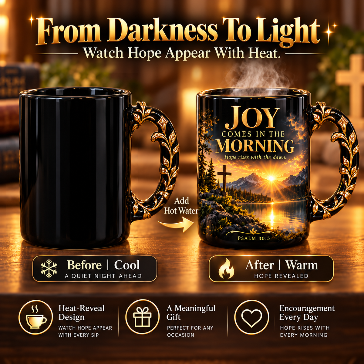 ☀️✝️Joy Comes in the Morning™ Heat-Reveal Ceramic Faith Mug🙏Inspirational Christian Coffee Cup