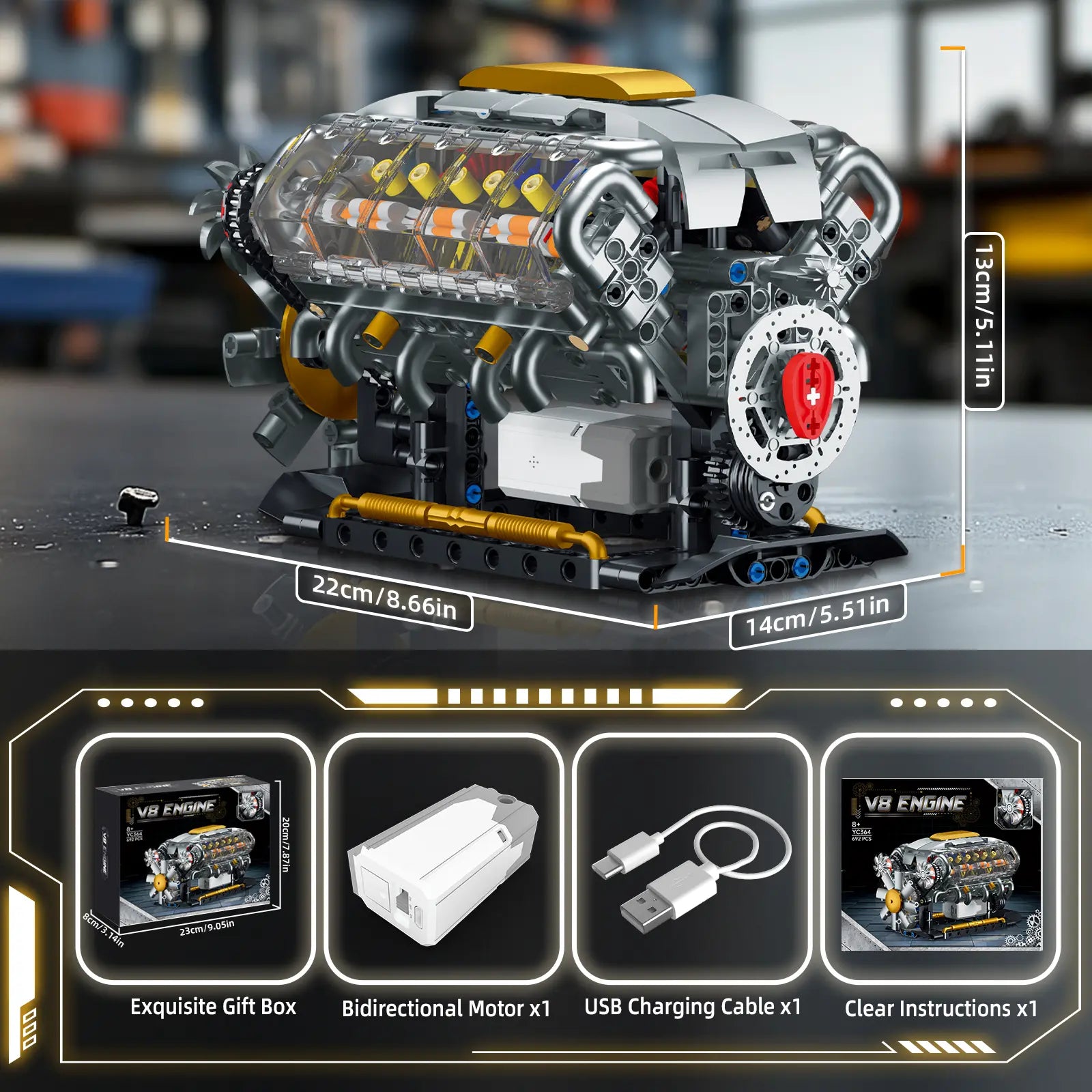 🔥 V8 Engine Model Kit – 1:1 Scale DIY Mechanical Building Set with 692 Pieces for Car Lovers & STEM Learning