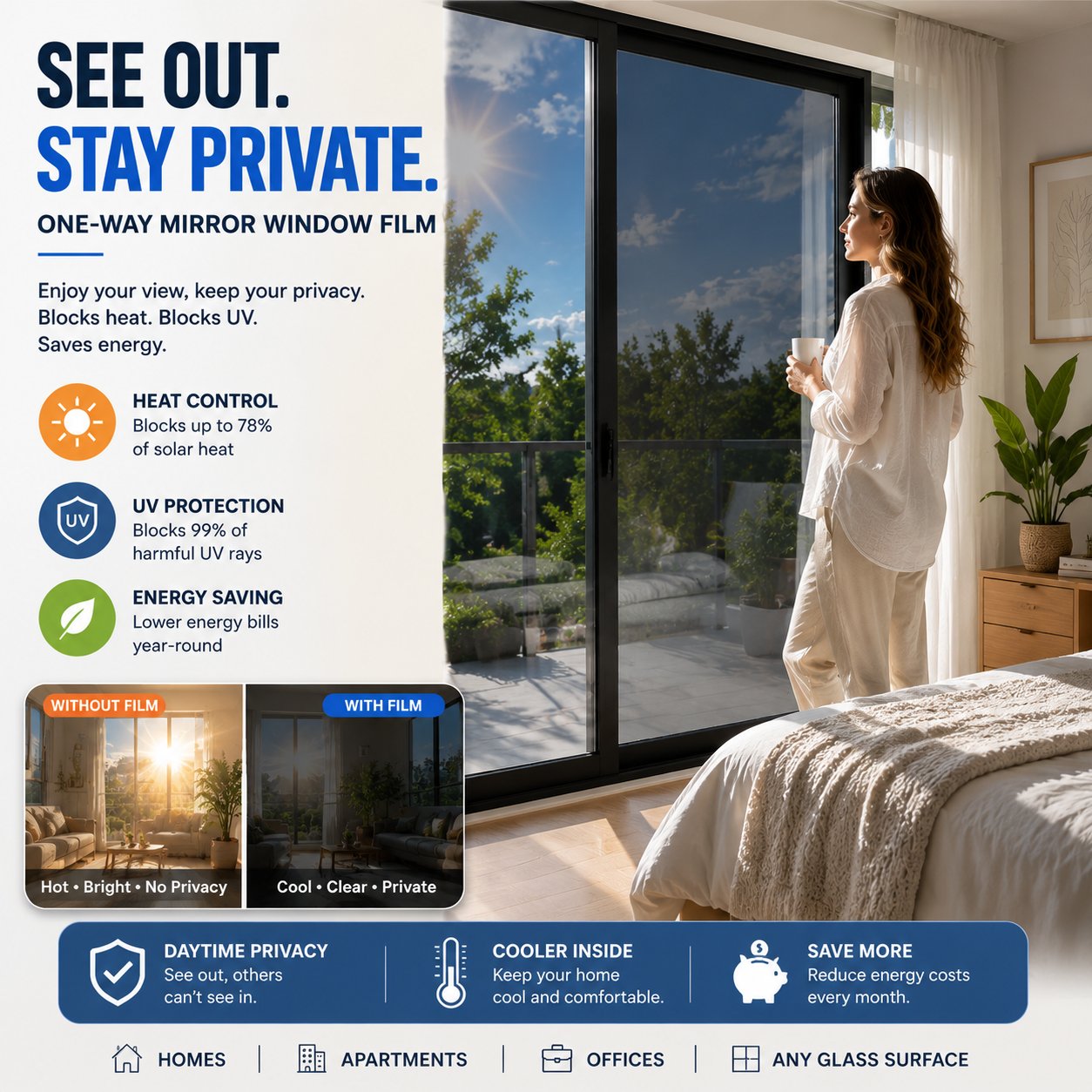 🔥 50% OFF – One-Way Mirror Window Film ☀️ | Heat Control & UV Protection