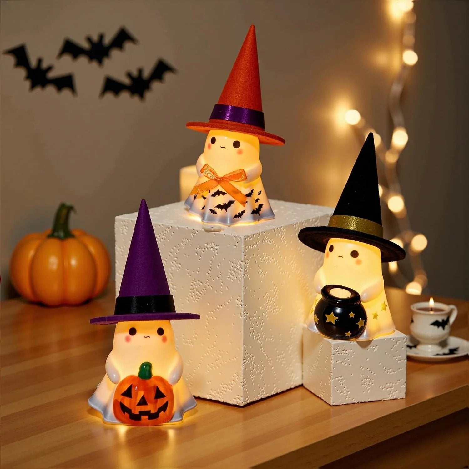 👻🌟 3-Piece Light-Up Ghost Halloween Decor Set | Cute Ghost Figurines with Colorful Witch Hats