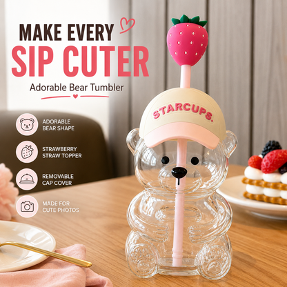 2026 New Cute Beaar Glass Tumbler with Bear Lid & Strawberry Straw, Holiday Teddy Bear Cup，20oz Reusable Aesthetic Teddy Bear Cup for Iced Coffee, Boba Milk Tea, Matcha, Juice, Smoothies & Cold Drinks, Dishwasher Safe