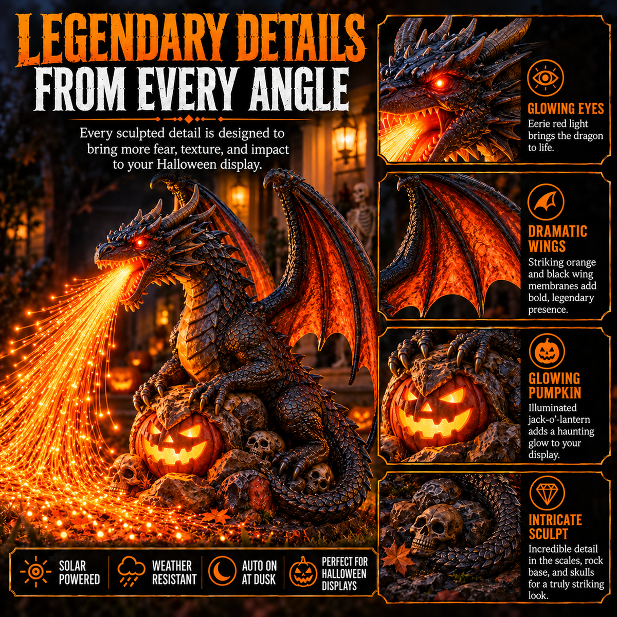🐉 Inferno Dragon™ Fire-Breathing Solar Garden Light – Glowing Halloween Dragon Statue for Outdoor Yard & Porch Decor