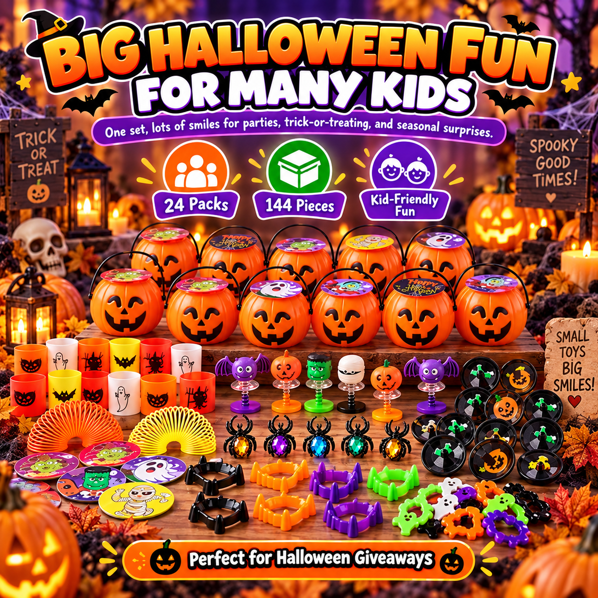 🎃 33% OFF | 24 Ready-to-Give Halloween Pumpkin Buckets – 144 Fun Toys Included
