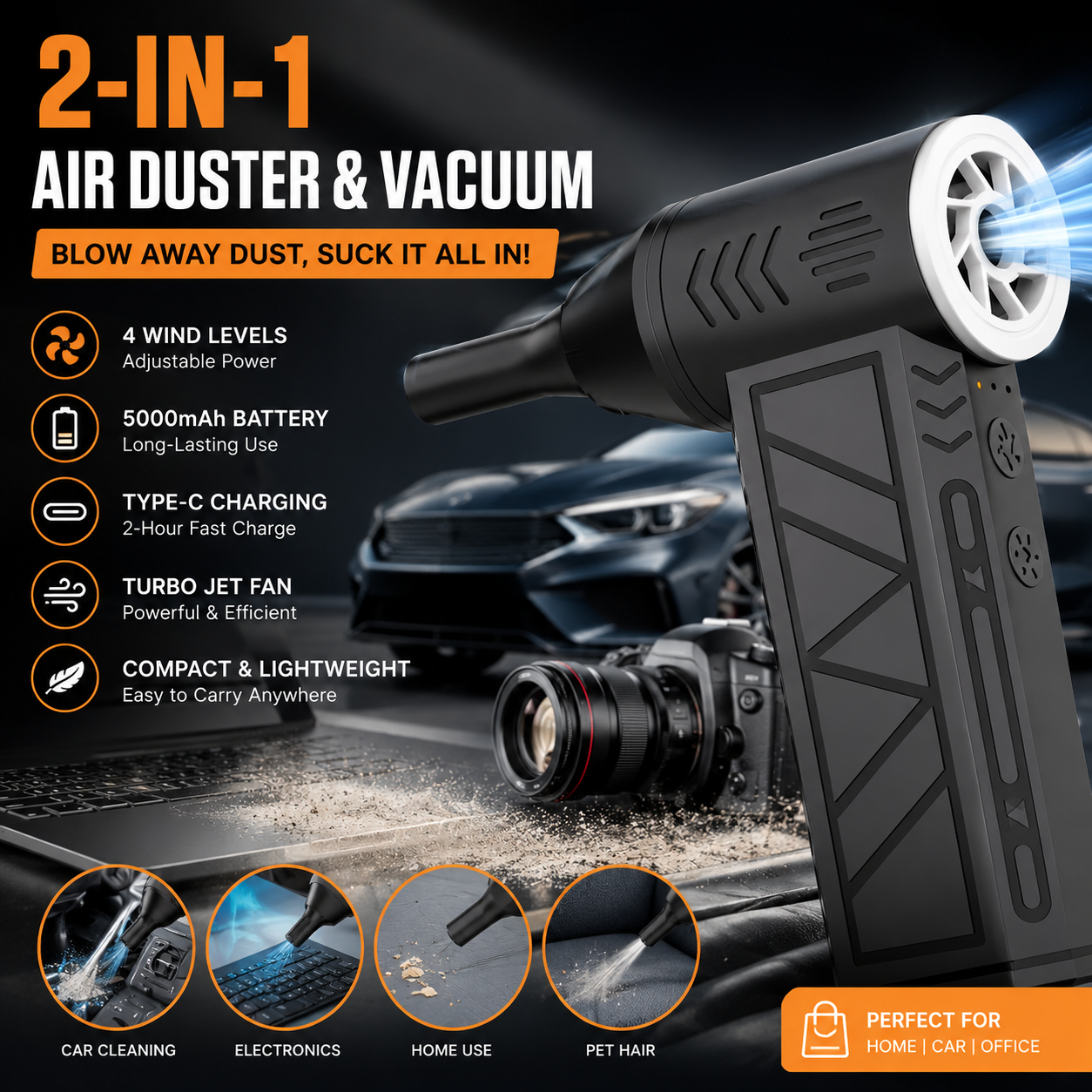 2-in-1 Cordless Air Duster & Vacuum – 5000mAh Rechargeable Turbo Blower