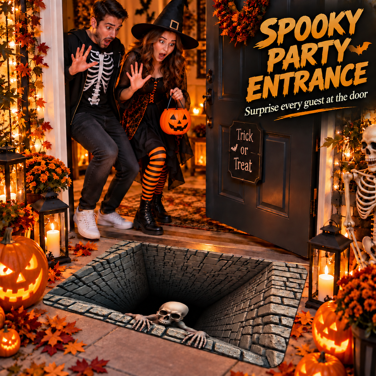 🎃💀Halloween Front Door Mat – Festive 3D Visual Skull & Clown Horror Rug