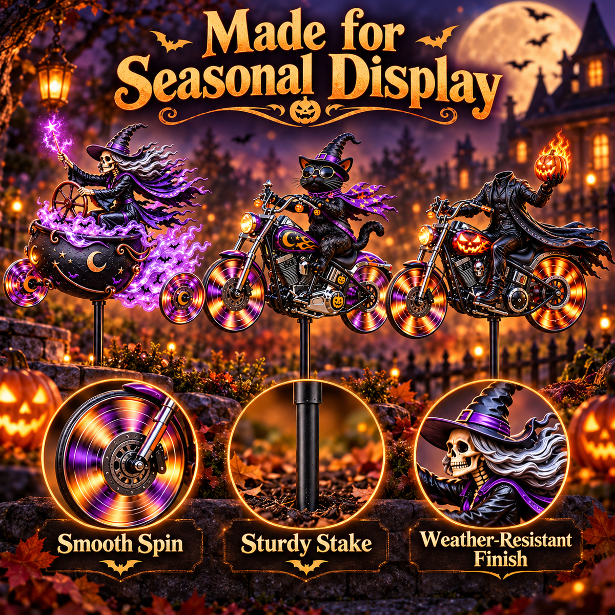 💀🏍️Halloween Motorcycle Garden Windmill™🎃Spooky Biker Yard Spinner & Outdoor Decor