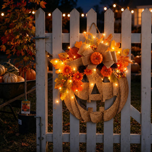 🔥 50% OFF – Lighted Burlap Pumpkin Wreath 🎃 | Cozy Fall Door Decor