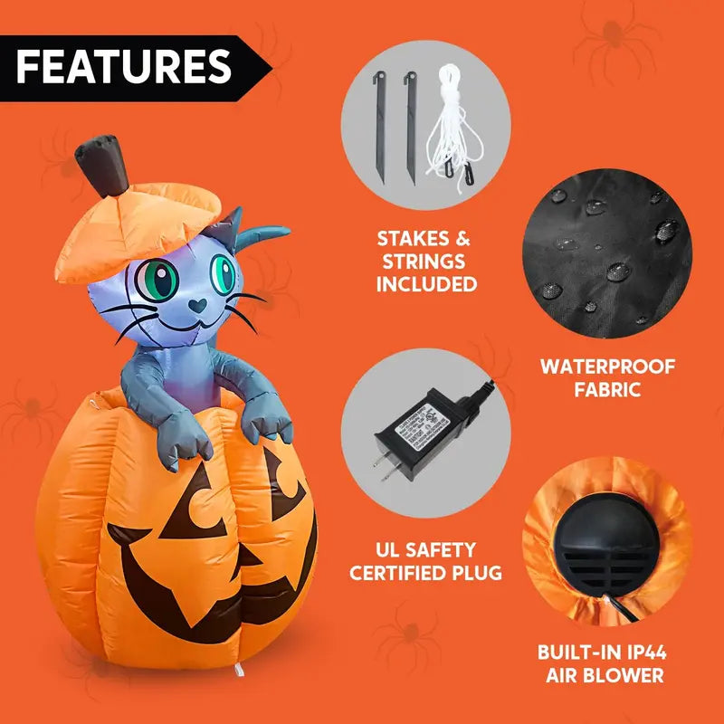 🎃 5FT Light-Up Halloween Inflatable Cat in Pumpkin – Eye-Catching Yard & Porch Decoration