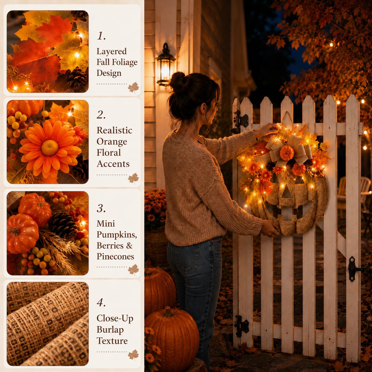 🔥 50% OFF – Lighted Burlap Pumpkin Wreath 🎃 | Cozy Fall Door Decor