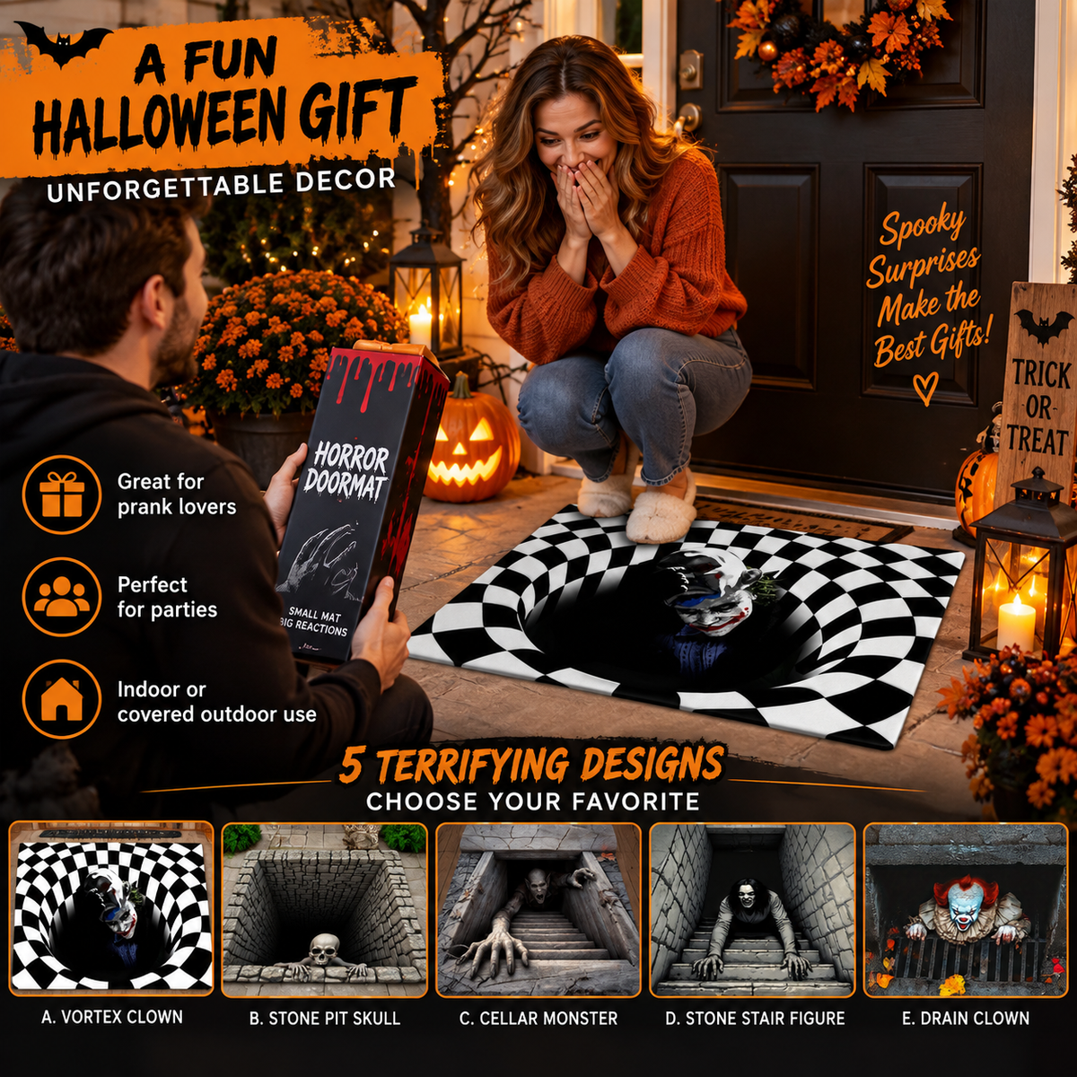 🎃💀Halloween Front Door Mat – Festive 3D Visual Skull & Clown Horror Rug