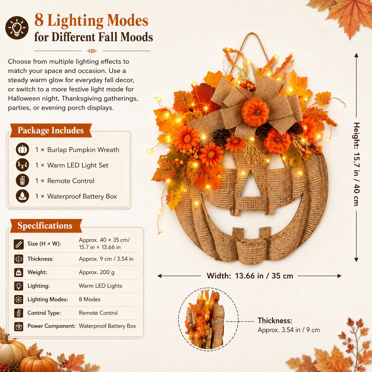 🔥 50% OFF – Lighted Burlap Pumpkin Wreath 🎃 | Cozy Fall Door Decor