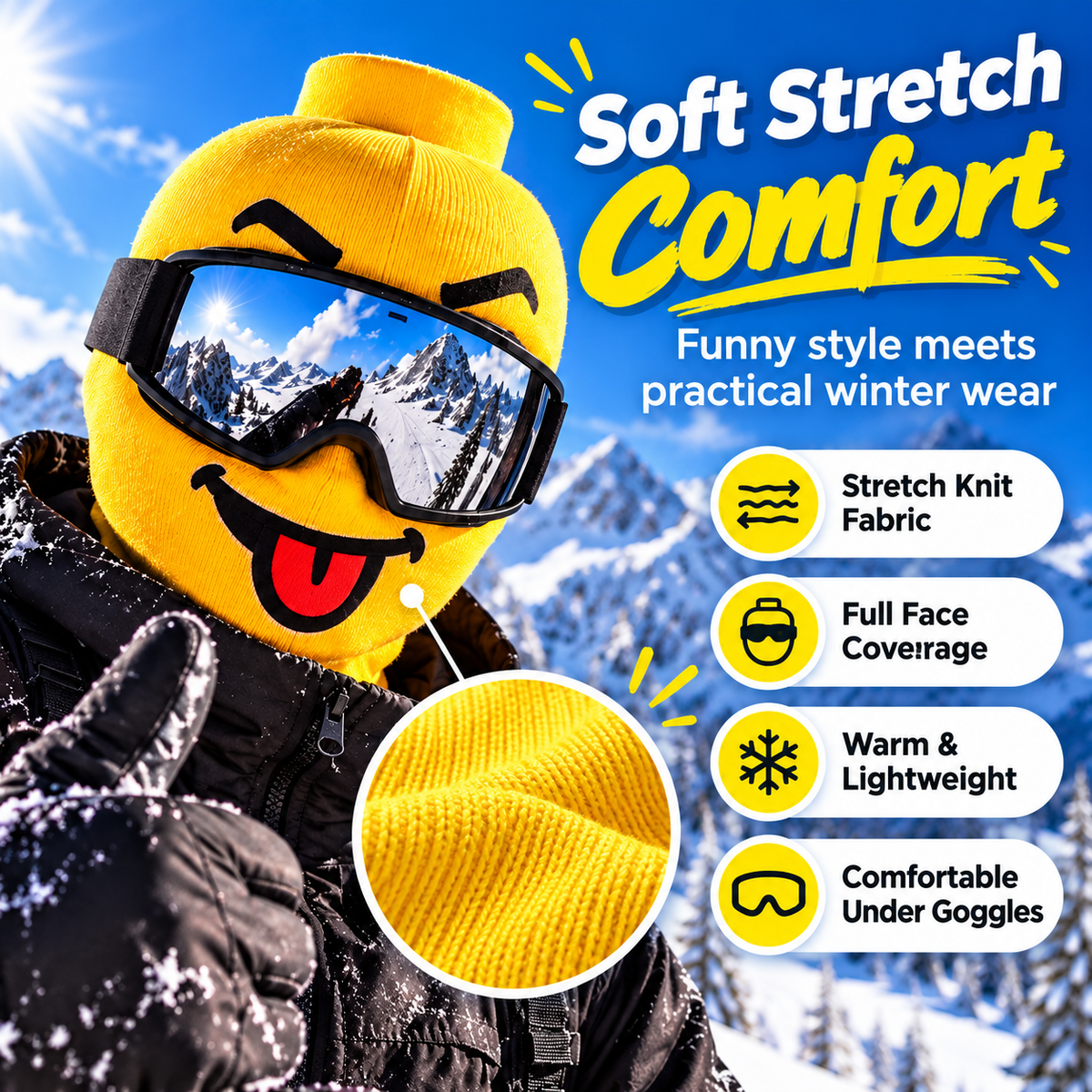 🏂Funny Yellow Block-Head Ski Mask – Full Face Winter Balaclava for Skiing & Snowboarding