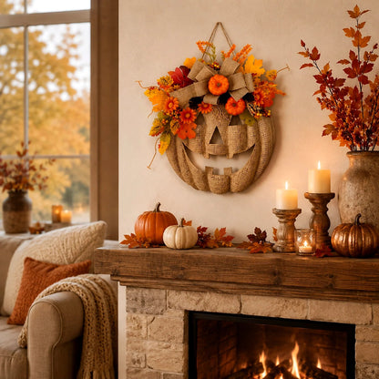 🔥 50% OFF – Lighted Burlap Pumpkin Wreath 🎃 | Cozy Fall Door Decor