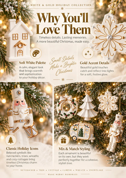 ✨ SAVE 56% | Timeless White & Gold Christmas Ornament Collection