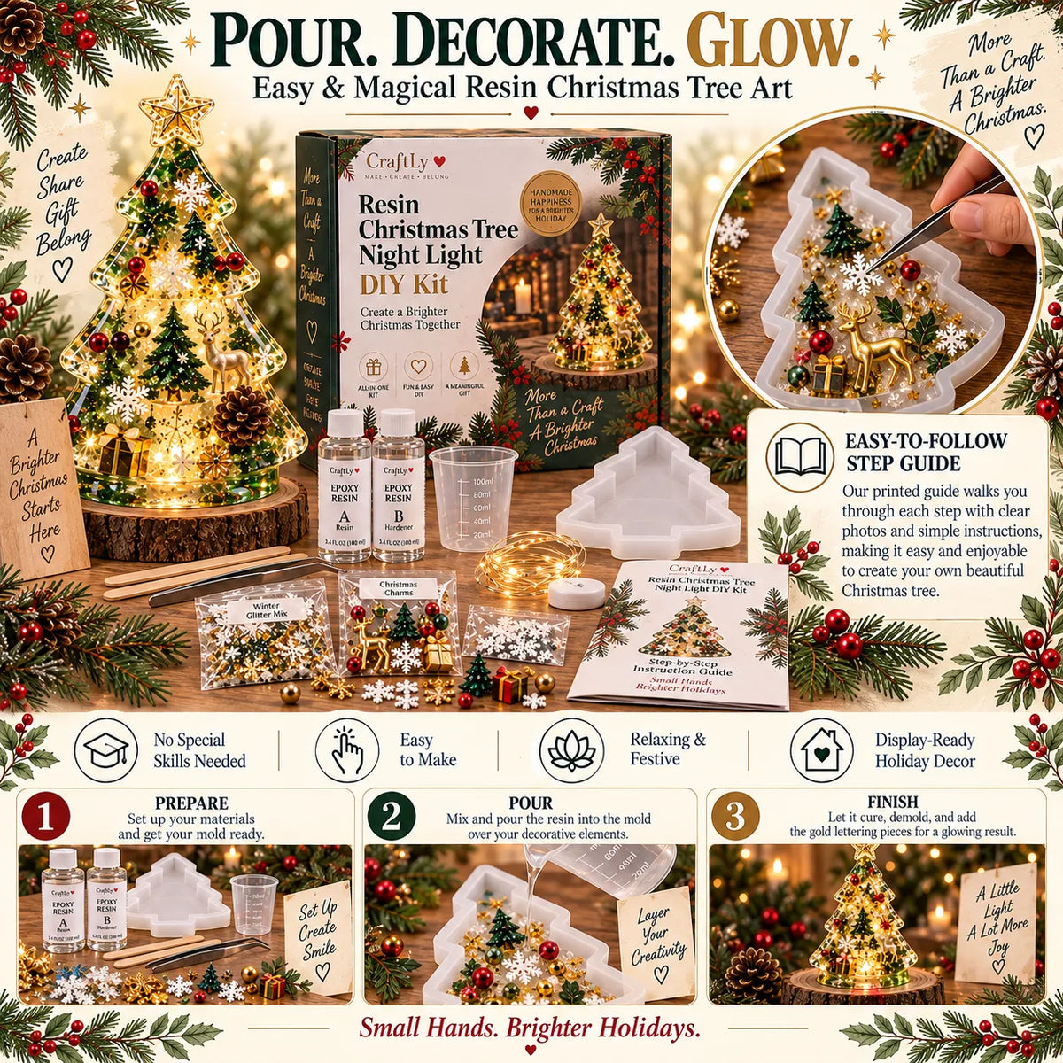 🔥hot Sale🔥🎄beginner-friendly Resin Christmas Tree Night Light Diy Kit | Complete Kit With Mold, Resin, Fairy Lights & Festive Decorations ✨
