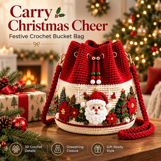 🧶Handmade Christmas Crochet Bucket Bag🎄✨Festive Crossbody Holiday Purse, Hand-Knit Christmas Gift