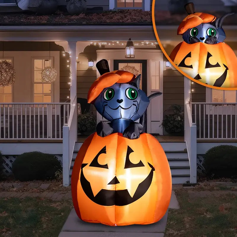 🎃 5FT Light-Up Halloween Inflatable Cat in Pumpkin – Eye-Catching Yard & Porch Decoration