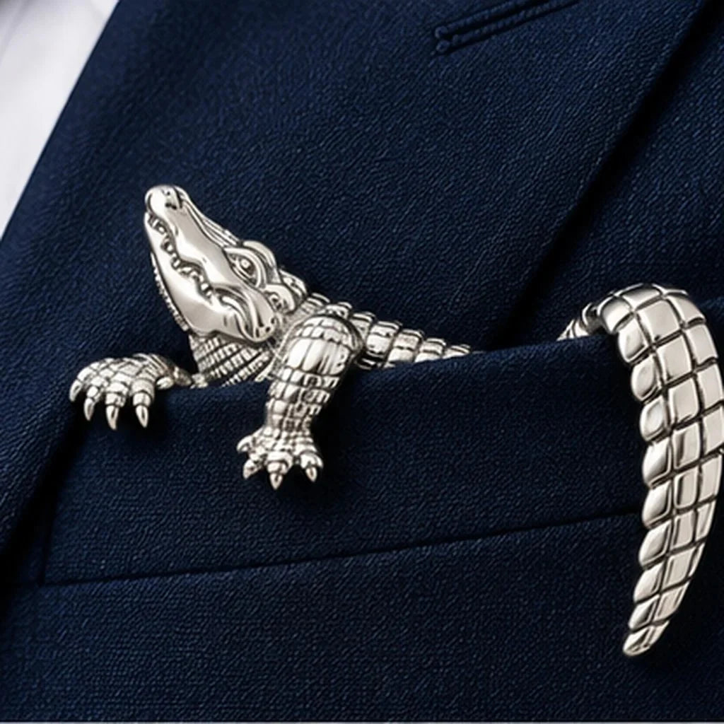 🐊 Luxury Sculpted Alligator Pocket Square – Magnetic Metal Suit Accessory ✨