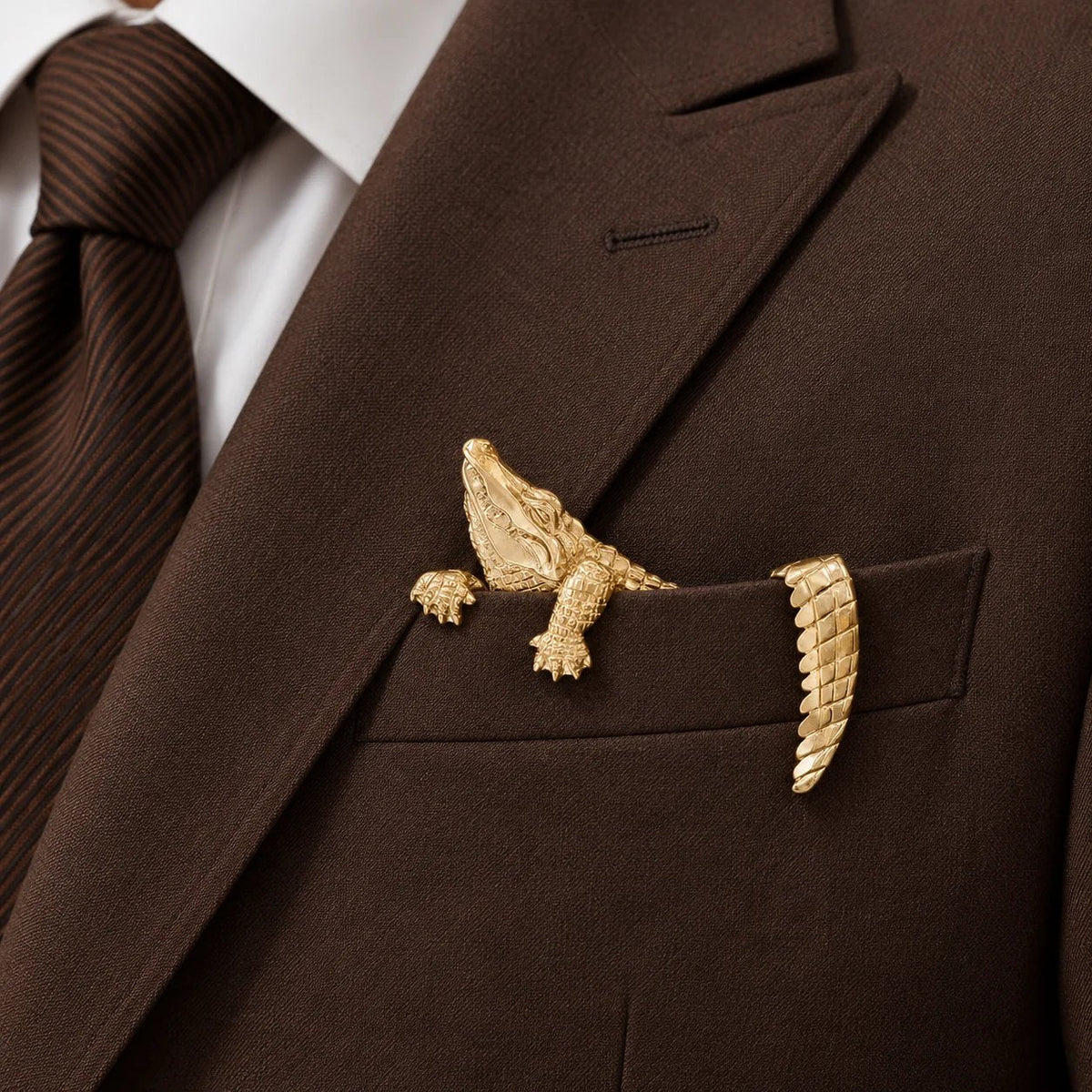 🐊 Luxury Sculpted Alligator Pocket Square – Magnetic Metal Suit Accessory ✨