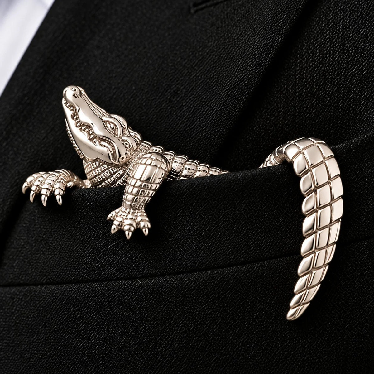 🐊 Luxury Sculpted Alligator Pocket Square – Magnetic Metal Suit Accessory ✨