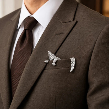 🐊 Luxury Sculpted Alligator Pocket Square – Magnetic Metal Suit Accessory ✨