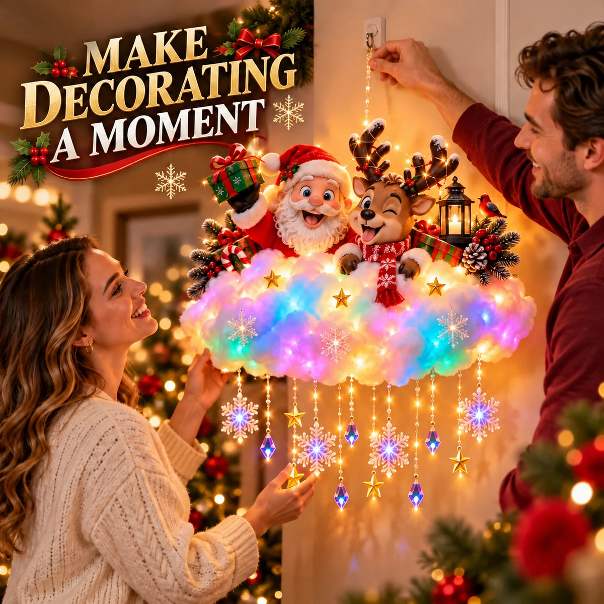 ✨ Santa & Reindeer Light-Up Christmas Cloud – A Holiday Story for Your Wall