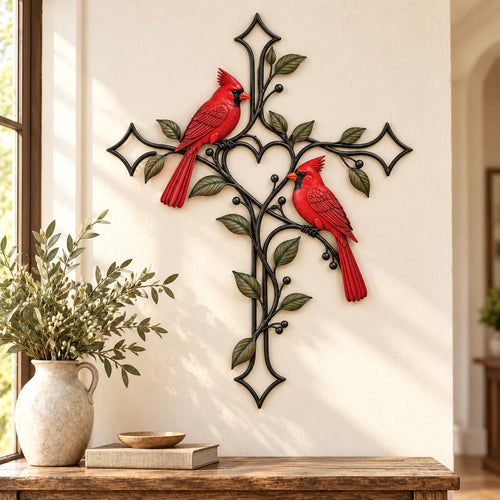 ❤️🐦 Love Never Leaves – Cardinal Heart & Cross Wall Decor ✝️✨