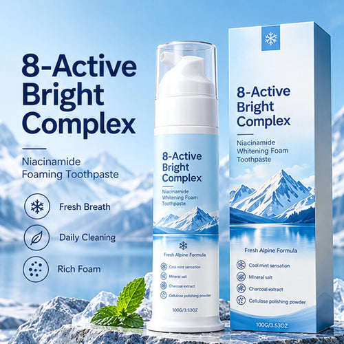 ✨ 8-Active Bright Complex™ – Niacinamide Whitening Foam Toothpaste | Deep Clean & Fresh Breath 🦷❄️