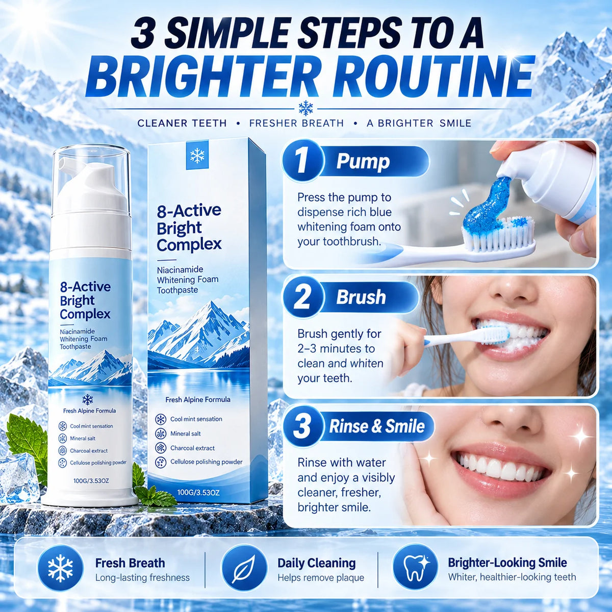 ✨ 8-Active Bright Complex™ – Niacinamide Whitening Foam Toothpaste | Deep Clean & Fresh Breath 🦷❄️
