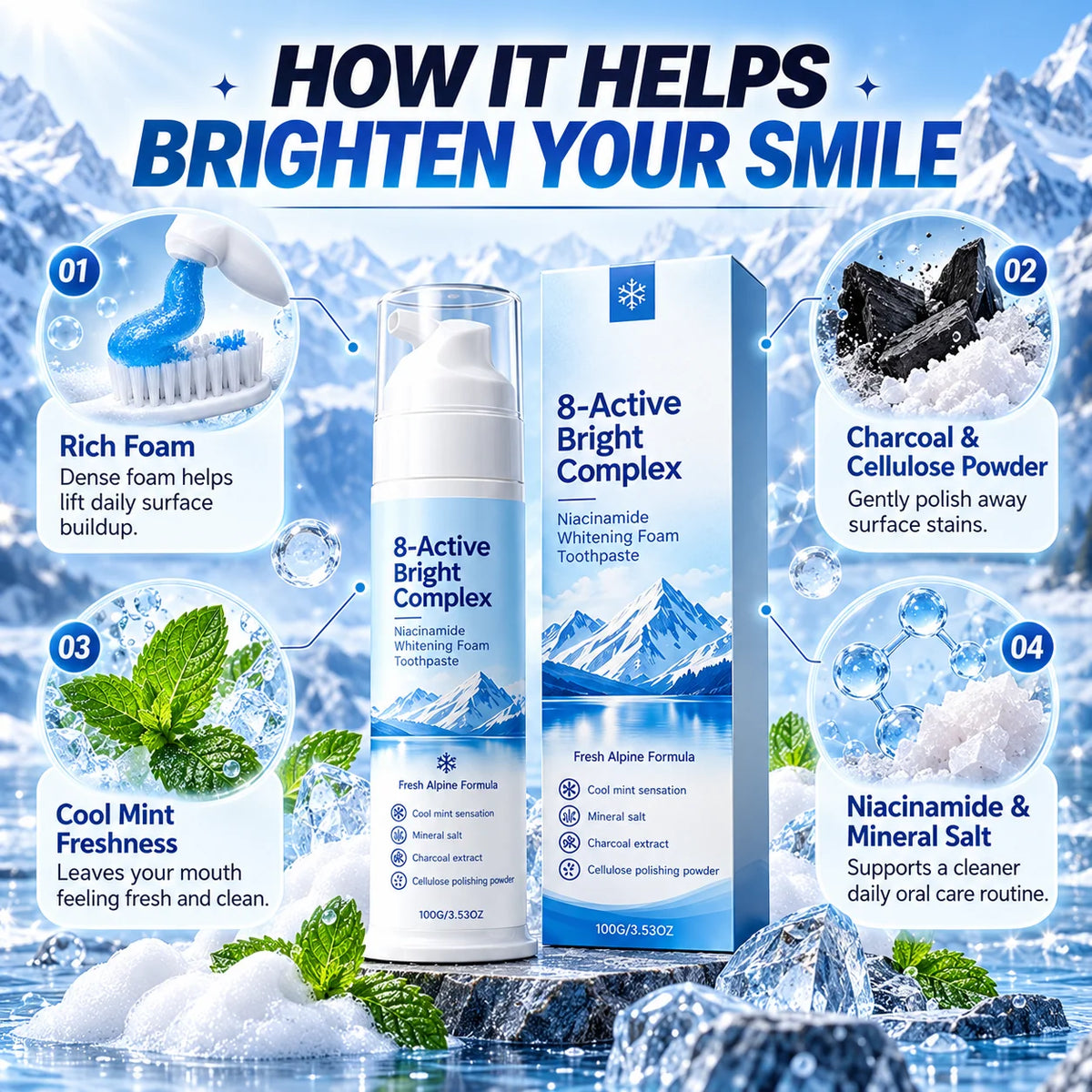 ✨ 8-Active Bright Complex™ – Niacinamide Whitening Foam Toothpaste | Deep Clean & Fresh Breath 🦷❄️