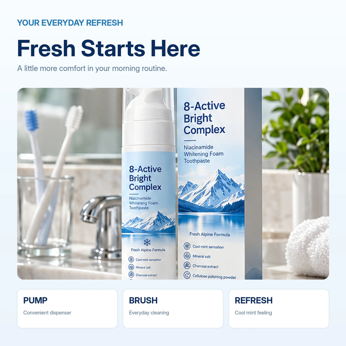 ✨ 8-Active Bright Complex™ – Niacinamide Whitening Foam Toothpaste | Deep Clean & Fresh Breath 🦷❄️