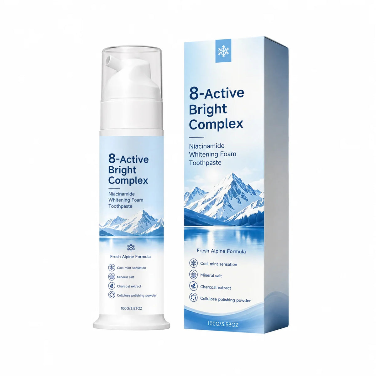 ✨ 8-Active Bright Complex™ – Niacinamide Whitening Foam Toothpaste | Deep Clean & Fresh Breath 🦷❄️