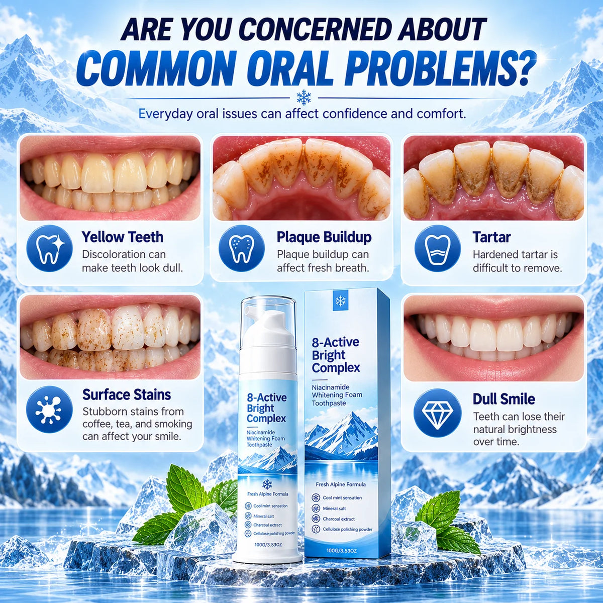 ✨ 8-Active Bright Complex™ – Niacinamide Whitening Foam Toothpaste | Deep Clean & Fresh Breath 🦷❄️