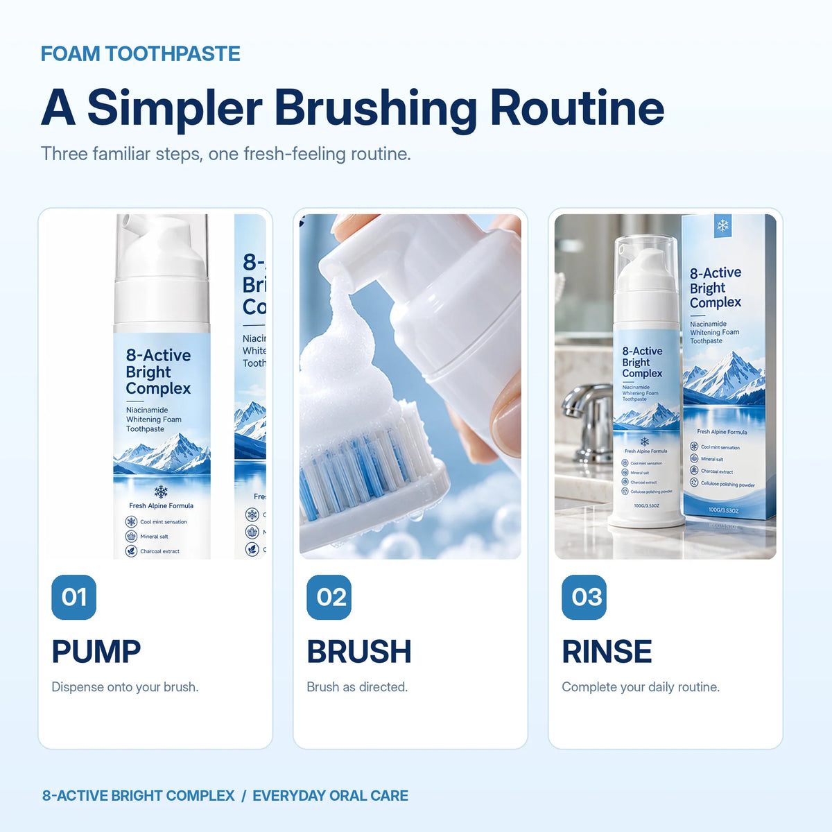 ✨ 8-Active Bright Complex™ – Niacinamide Whitening Foam Toothpaste | Deep Clean & Fresh Breath 🦷❄️