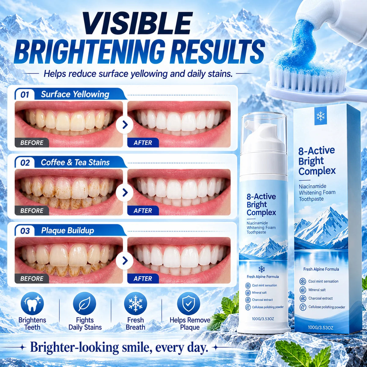 ✨ 8-Active Bright Complex™ – Niacinamide Whitening Foam Toothpaste | Deep Clean & Fresh Breath 🦷❄️