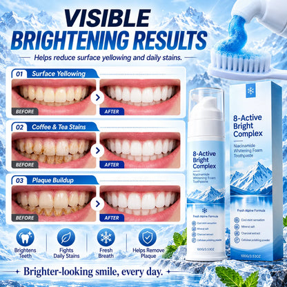 ✨ 8-Active Bright Complex™ – Niacinamide Whitening Foam Toothpaste | Deep Clean & Fresh Breath 🦷❄️