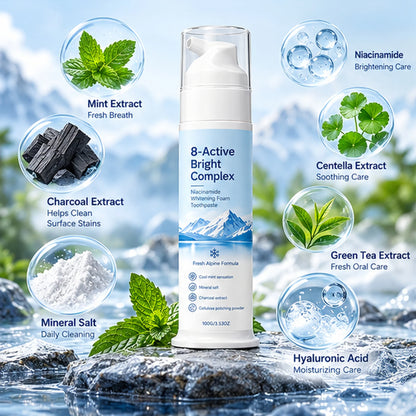 ✨ 8-Active Bright Complex™ – Niacinamide Whitening Foam Toothpaste | Deep Clean & Fresh Breath 🦷❄️