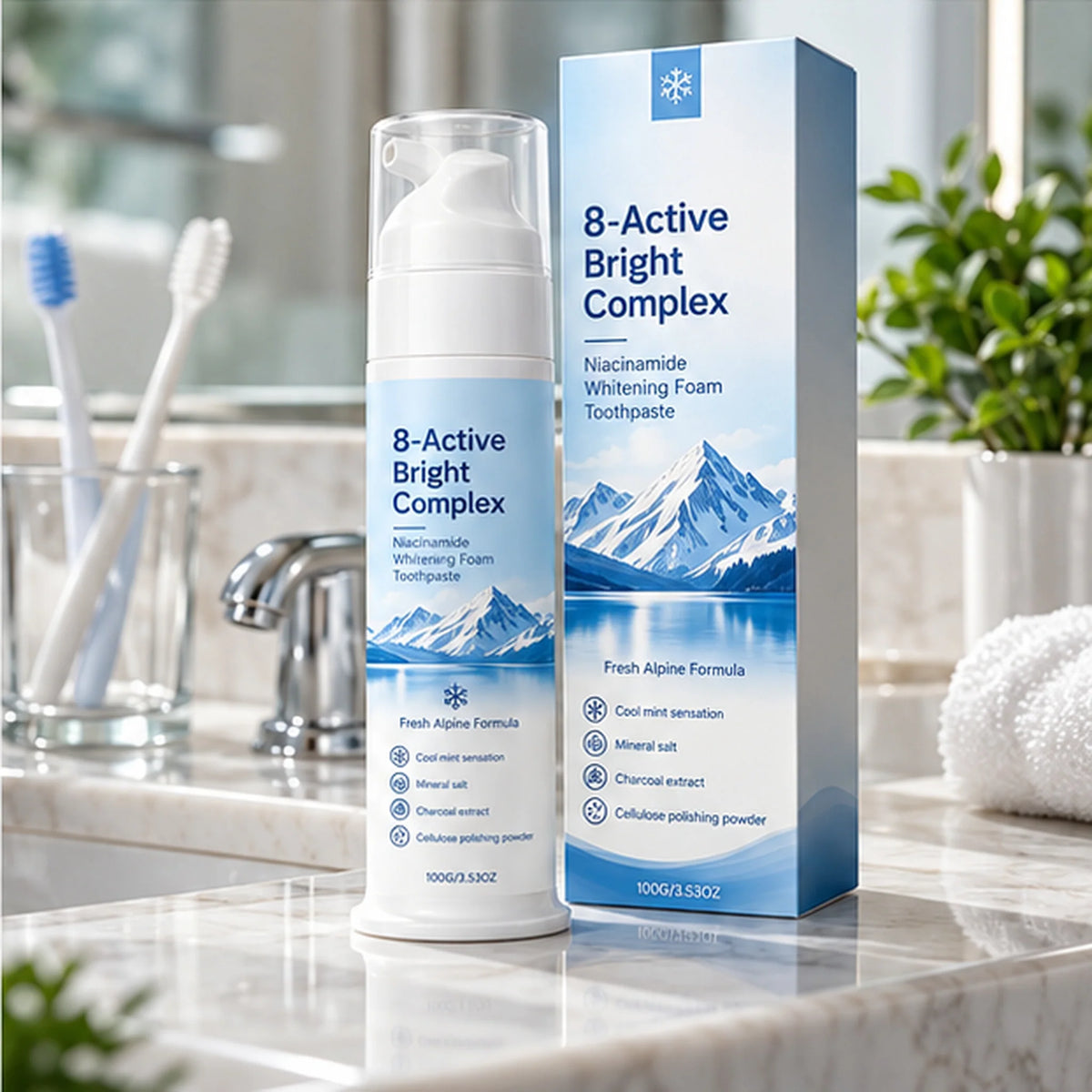 ✨ 8-Active Bright Complex™ – Niacinamide Whitening Foam Toothpaste | Deep Clean & Fresh Breath 🦷❄️