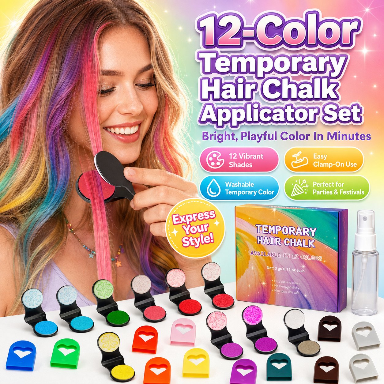 🔥Last Day 50% OFF - 🌈12-Color Temporary Hair Chalk Applicator Set