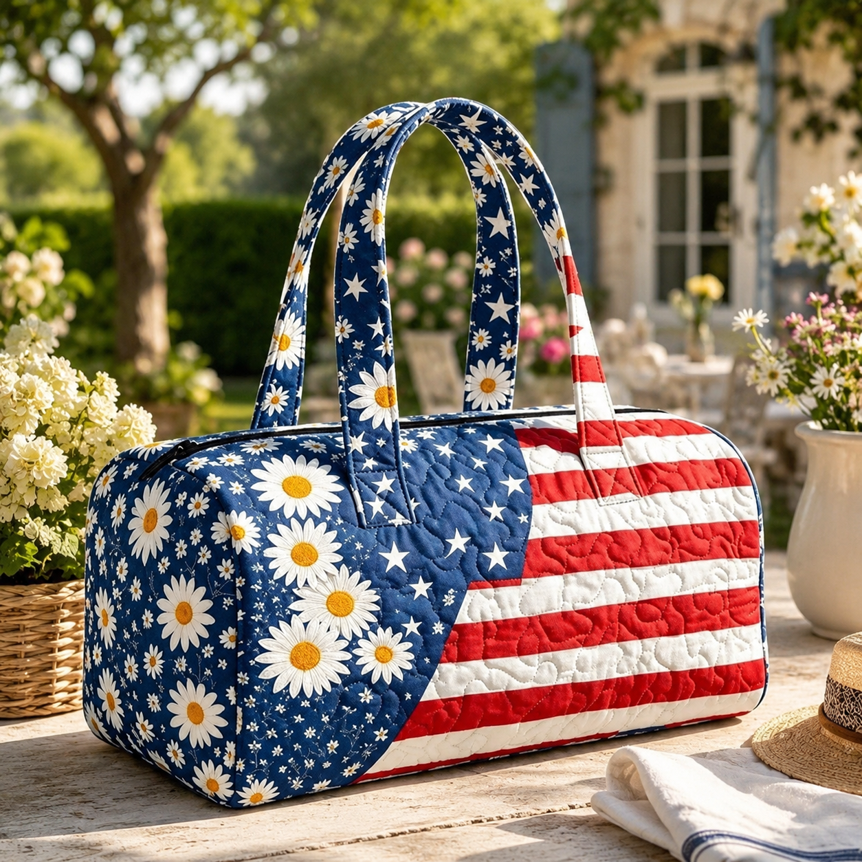 🇺🇸🧵 Handcrafted Patriotic Quilted Tote Bag – 3D Floral American Flag Travel Duffel