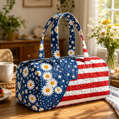 🇺🇸🧵 Handcrafted Patriotic Quilted Tote Bag – 3D Floral American Flag Travel Duffel