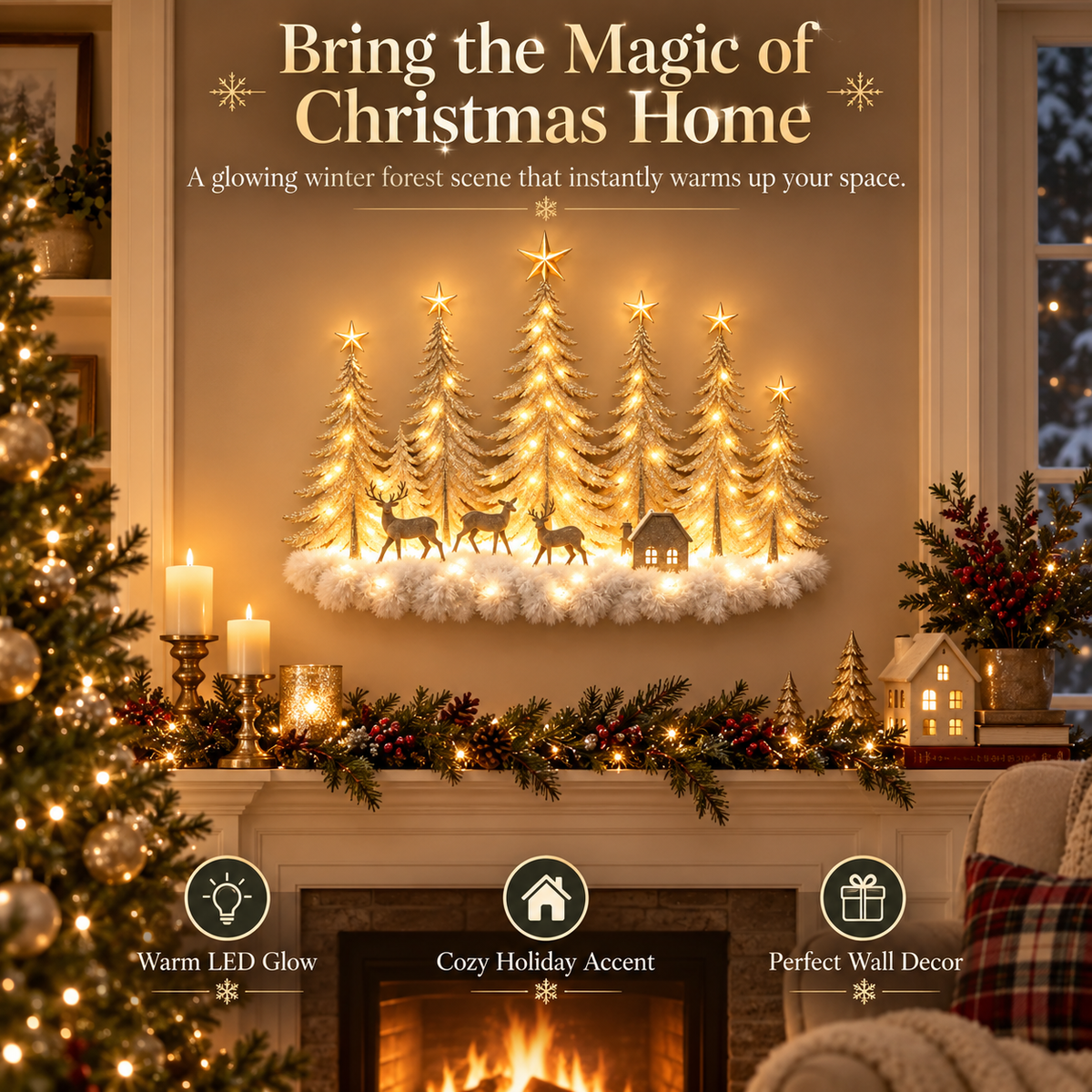 Lighted Wooden Christmas Deer Forest Wall Decor – Warm LED Winter Scene Holiday Decoration
