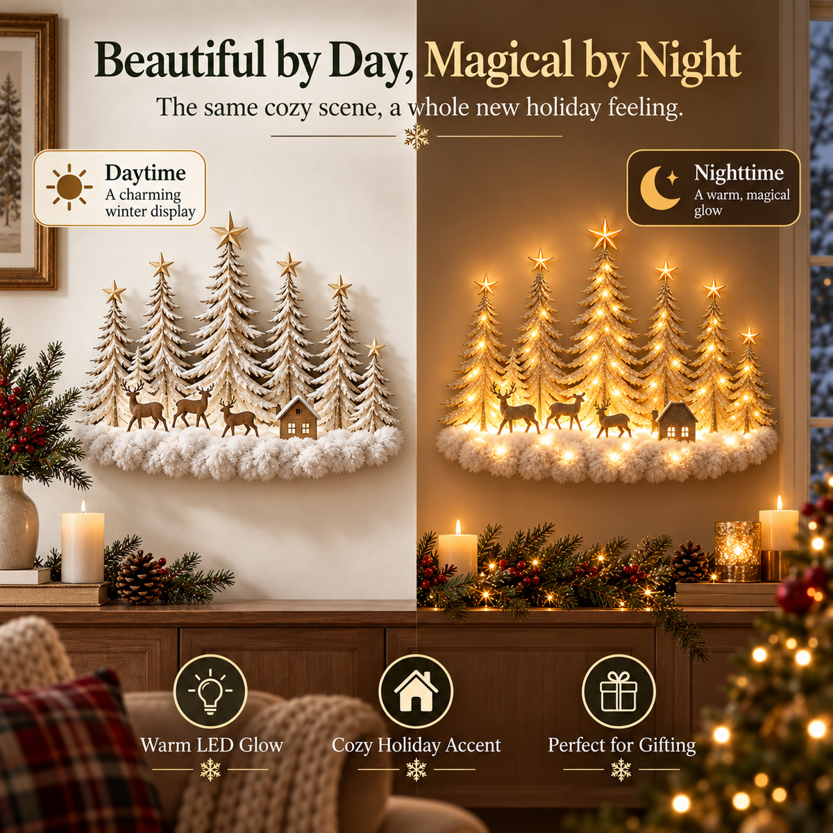 Lighted Wooden Christmas Deer Forest Wall Decor – Warm LED Winter Scene Holiday Decoration