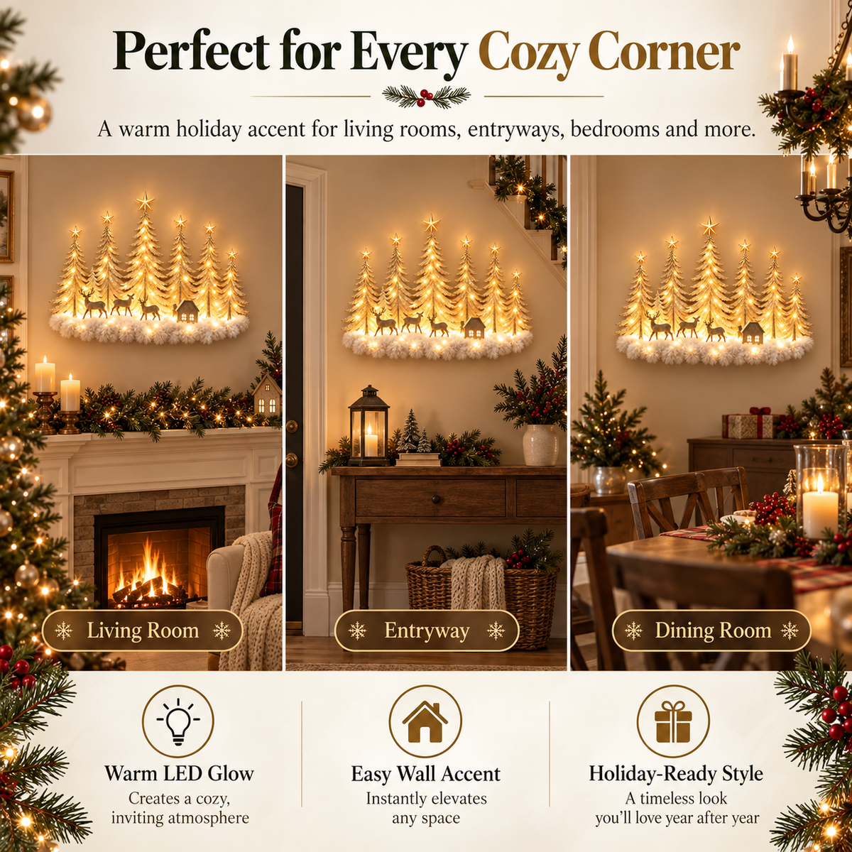 Lighted Wooden Christmas Deer Forest Wall Decor – Warm LED Winter Scene Holiday Decoration