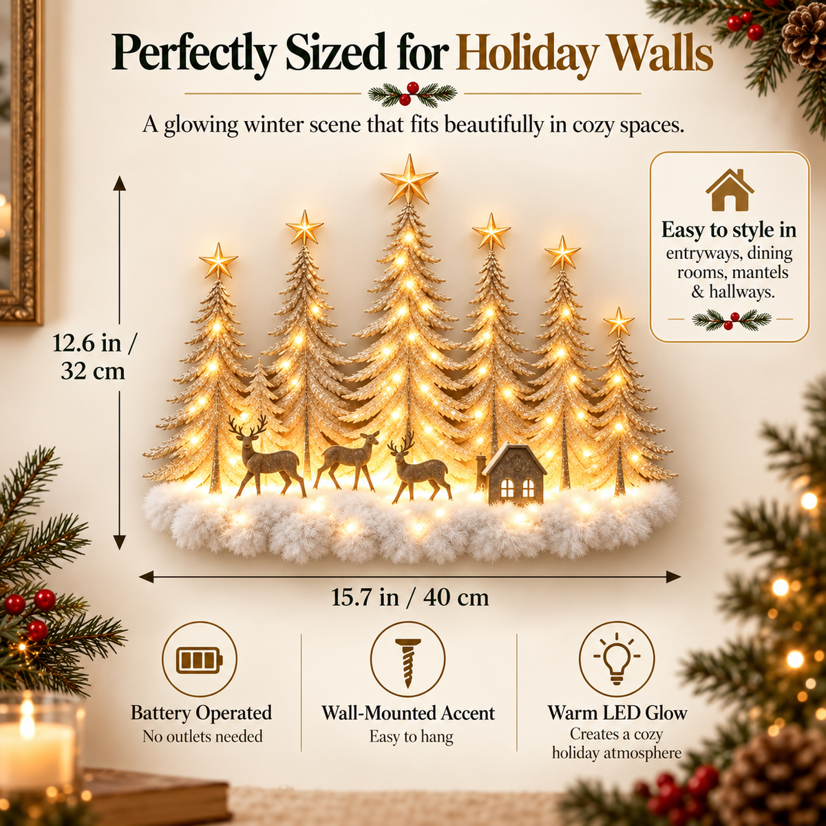Lighted Wooden Christmas Deer Forest Wall Decor – Warm LED Winter Scene Holiday Decoration