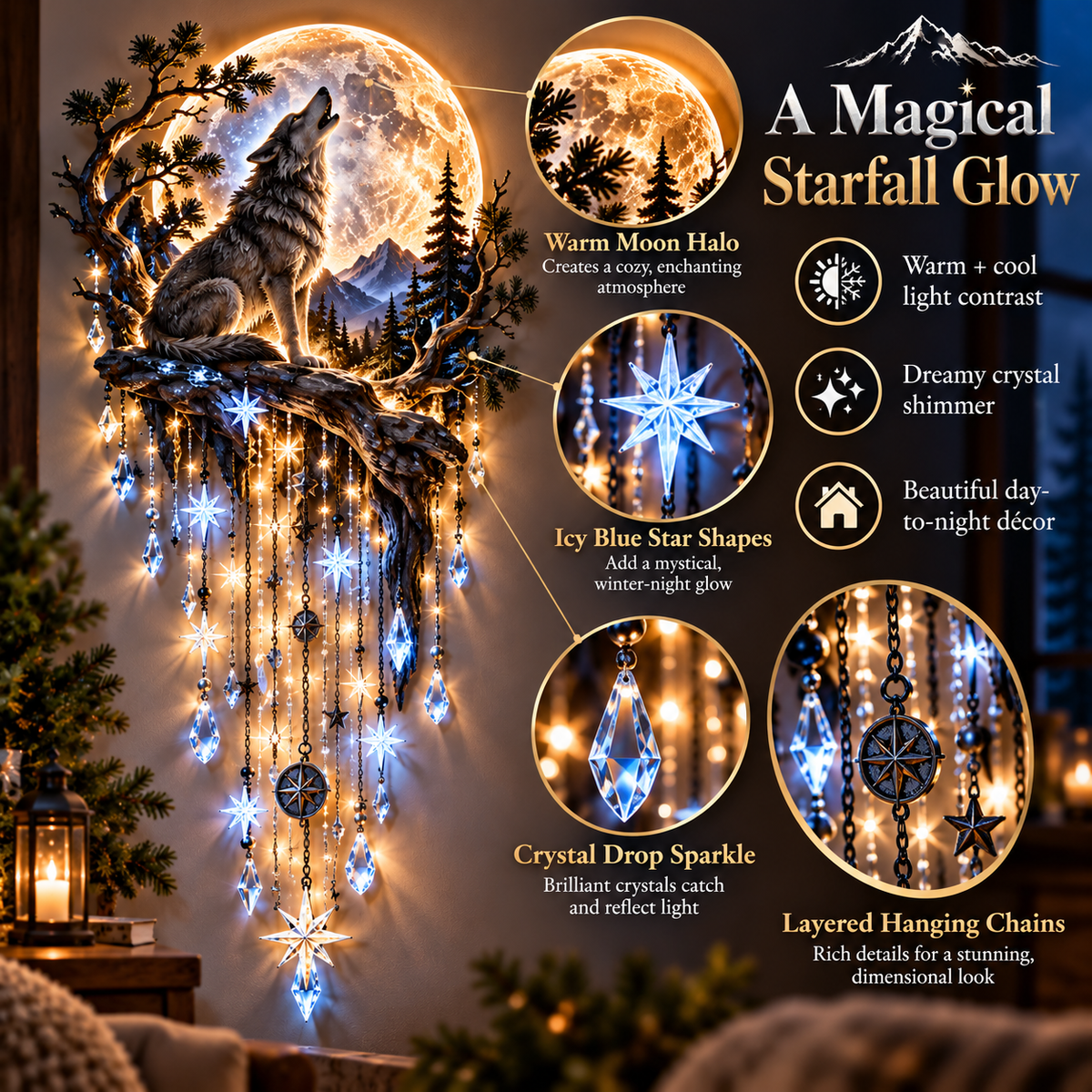 🎀⏳ Last Day 50% OFF-🐺🌕 Wolf Howling Moon Starfall Wall Light – Bring the Wild Home