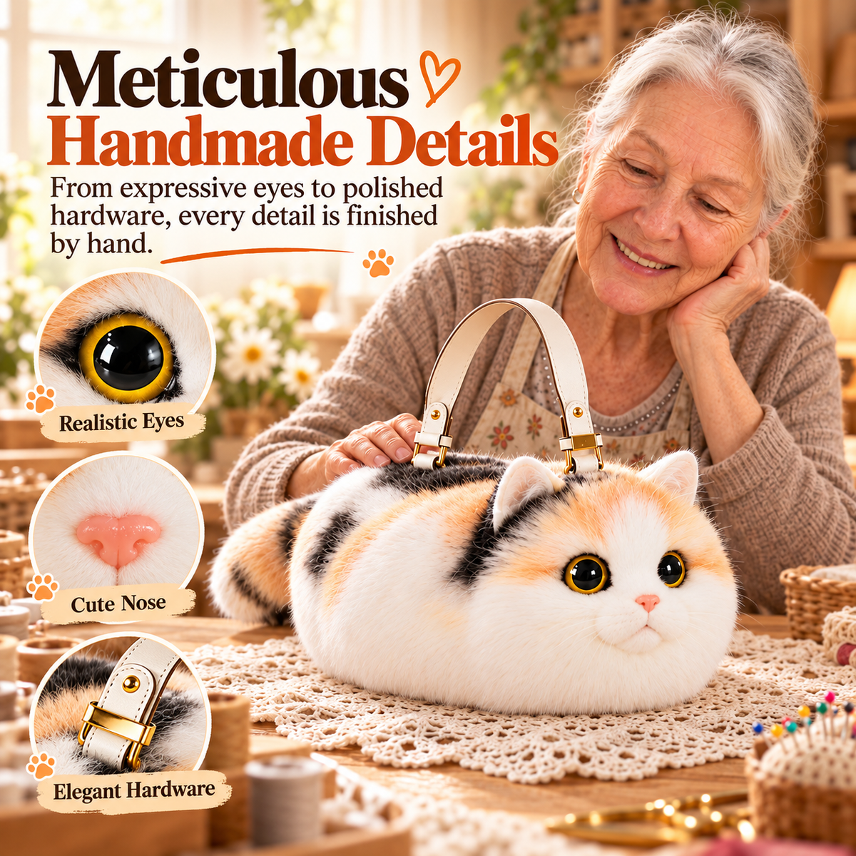 🐱❤️ 100% Handmade Plush Cat Handbag – Ultra-Soft Lifelike Kitty Purse, Crafted with Love