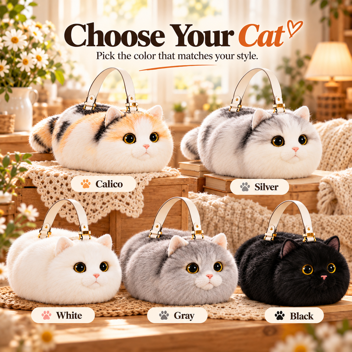 🐱❤️ 100% Handmade Plush Cat Handbag – Ultra-Soft Lifelike Kitty Purse, Crafted with Love