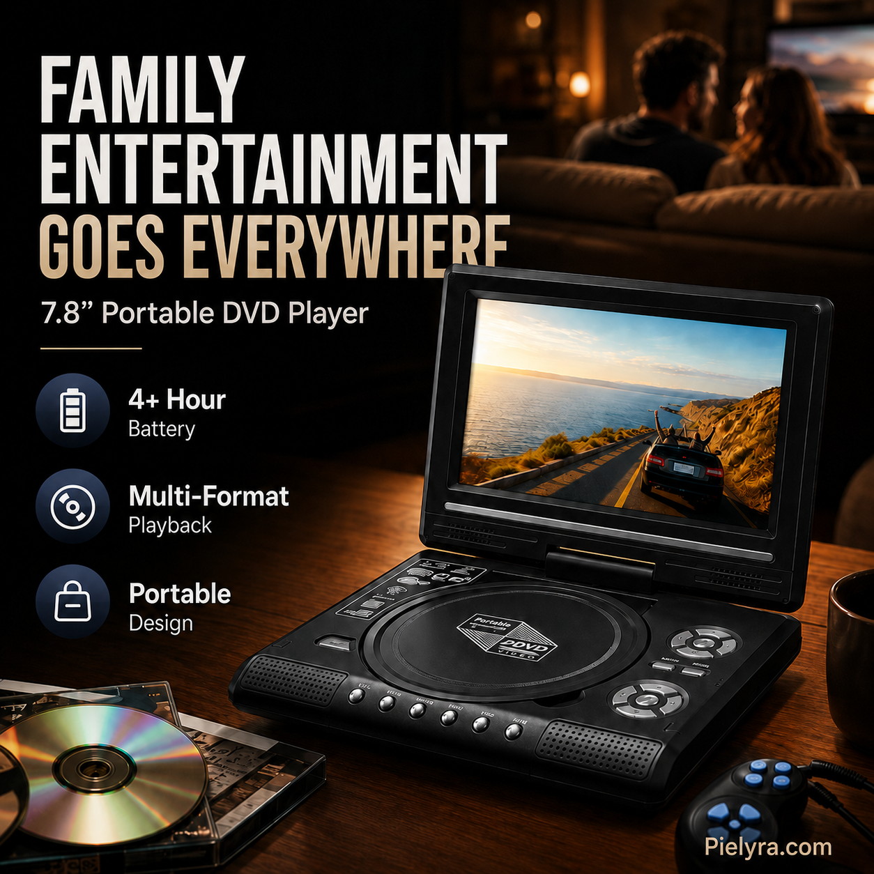 🚚 FREE Shipping! 7.8" HD Portable DVD Player – 4+ Hour Rechargeable Battery, Multi-Format Playback & Complete Travel Kit